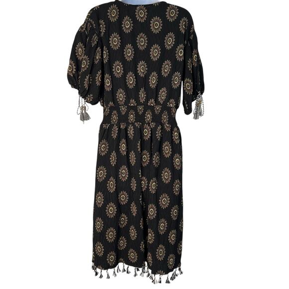 POL Boho Peasant Black Floral Artisan Midi Dress Cinched Waist Tassels Indie M - Picture 3 of 14
